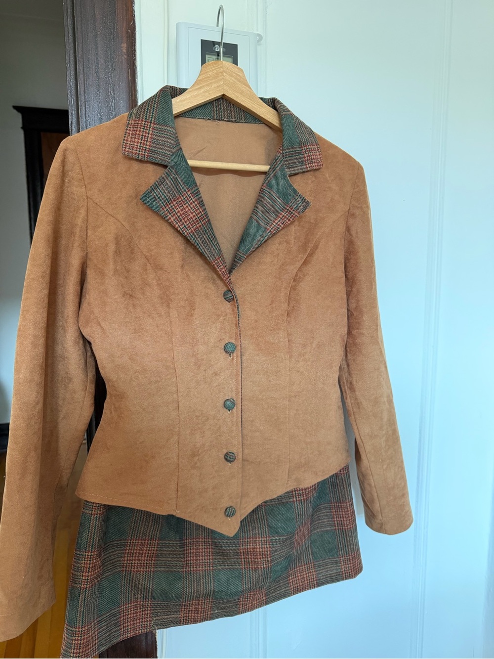 Women's Tan Suede Jacket and Skirt Kit with Plaid - Picture 1 of 4